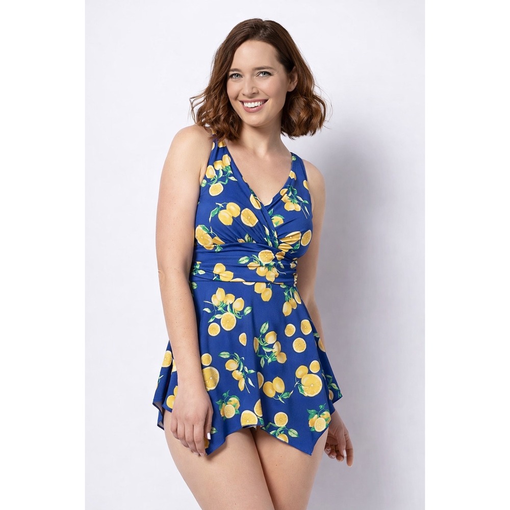 d&Co Beach Lemon Print Swim Dress Blue Yellow One‎ Piece Swimsuit Size 14
